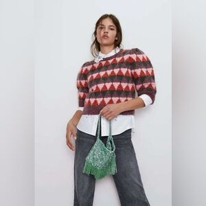 Zara Mohair Blend Puff Sleeve Diamond Sweater